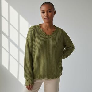 Cloud Chaser Solid Green V Neck Distressed Knitted Oversized Sweater size M